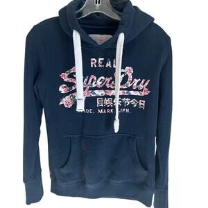 Superdry Real Floral Logo Pullover Hoodie Navy Blue Small Cotton Blend